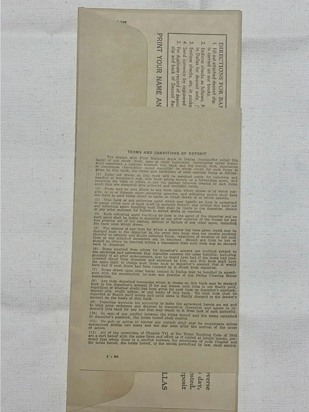 Vintage First National Bank Dallas Mail Deposit Envelope NATO 3¢ Stamp 1952